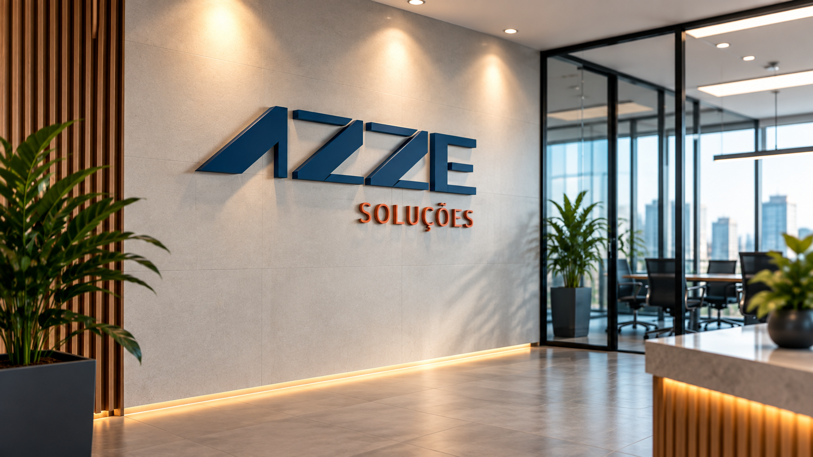 Ambiente corporativo com a identidade visual da AZZE Soluções Empresariais
