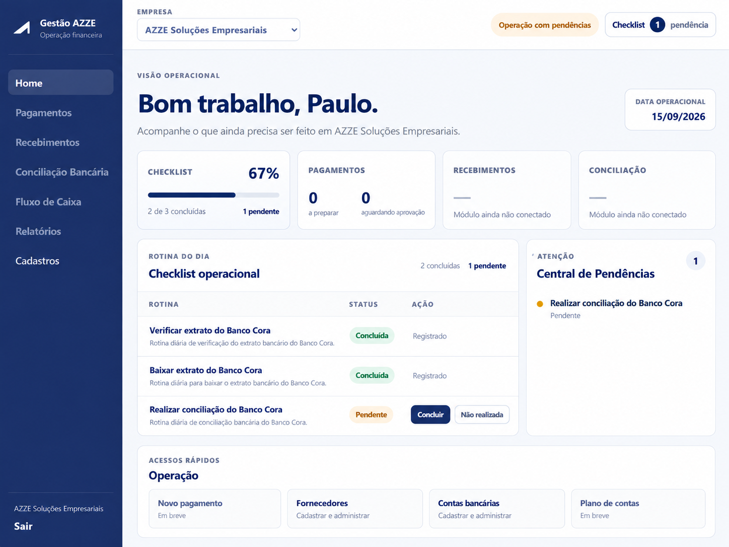 Tela inicial do Gestão AZZE com visão operacional, checklist e central de pendências